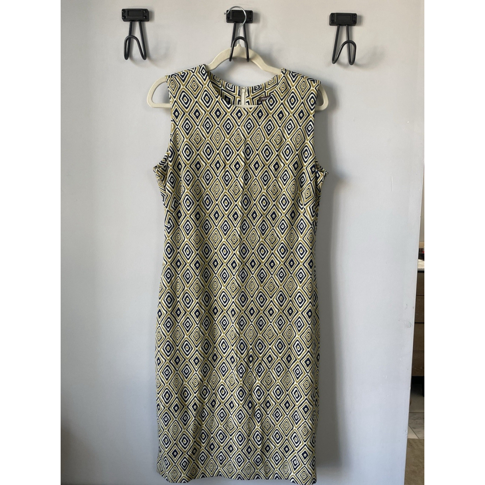 NEW J. McLaughlin Devon sleeveless crewneck fitted navy gold diamond midi sz M